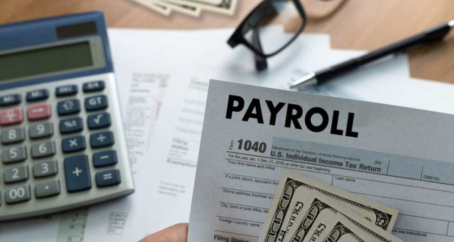 PAYROLL Businessman working Financial accounting concept