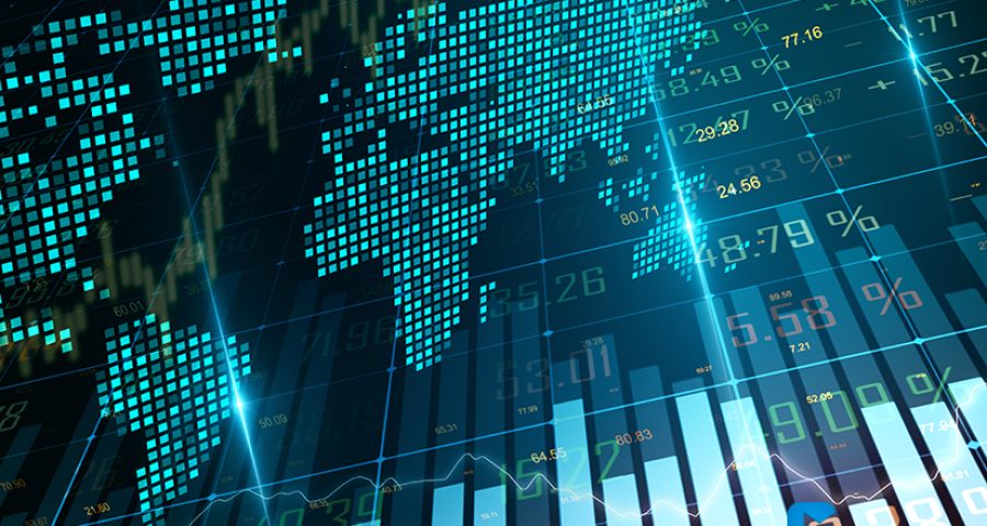 Creative glowing forex chart with map on blurry background. Global business and economy concept. 3D Rendering