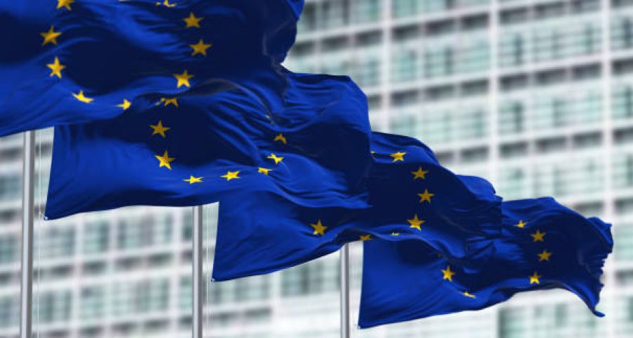 group of flags of the European Union waving in the wind in front of the European Parliament building.